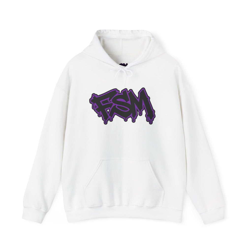 FSM Graffiti Hoodie — White Pullover with Purple Street Art Logo
