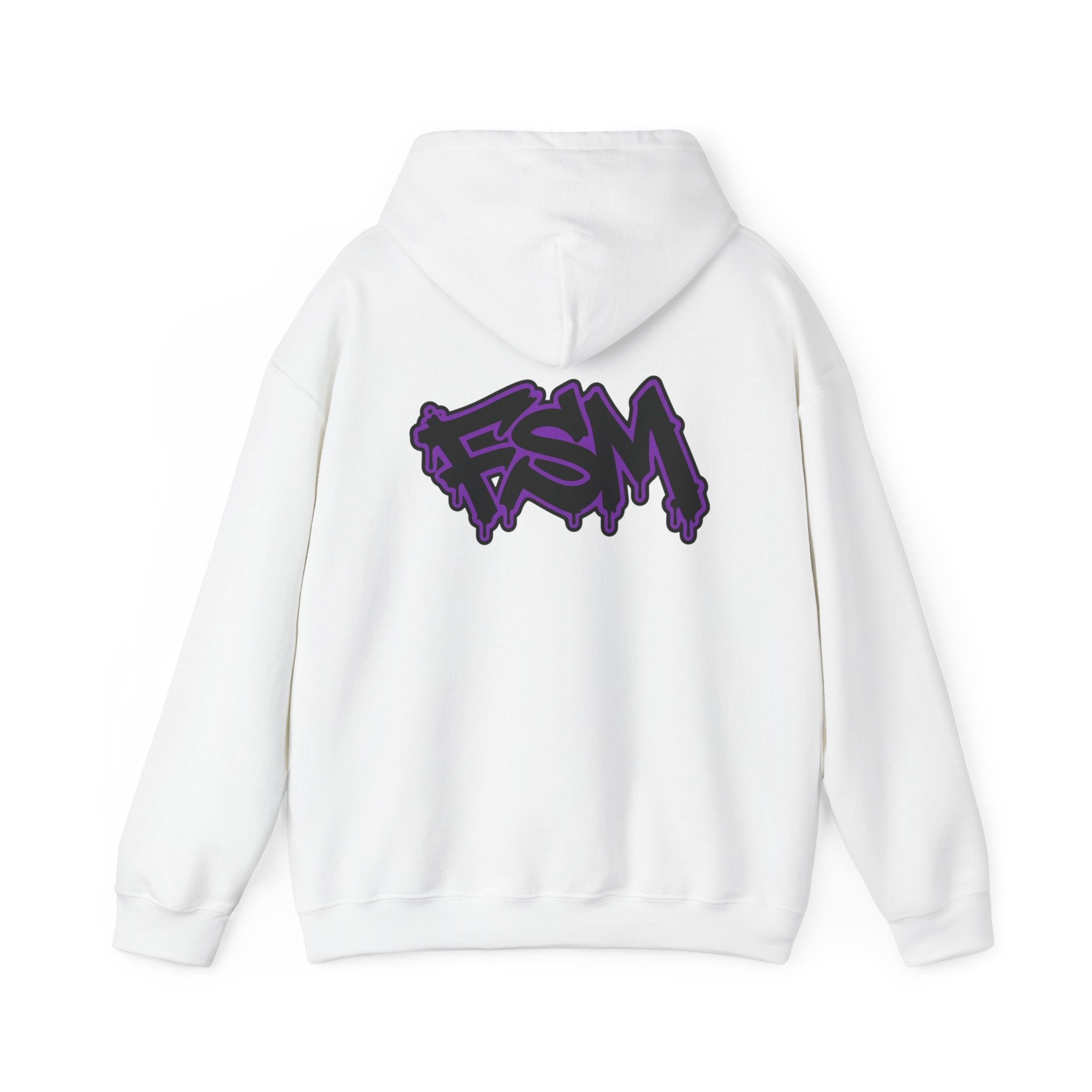 FSM Graffiti Hoodie — White Pullover with Purple Street Art Logo