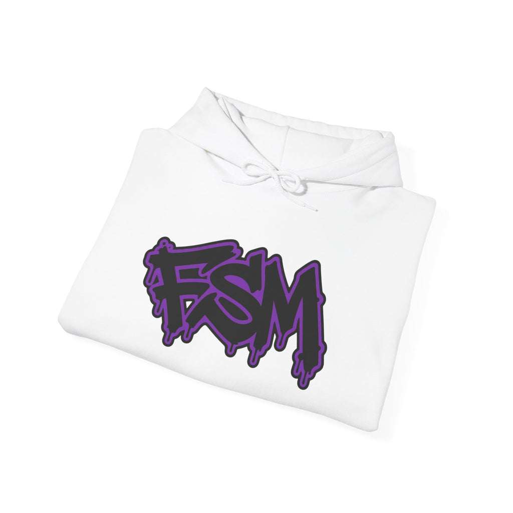 FSM Graffiti Hoodie — White Pullover with Purple Street Art Logo
