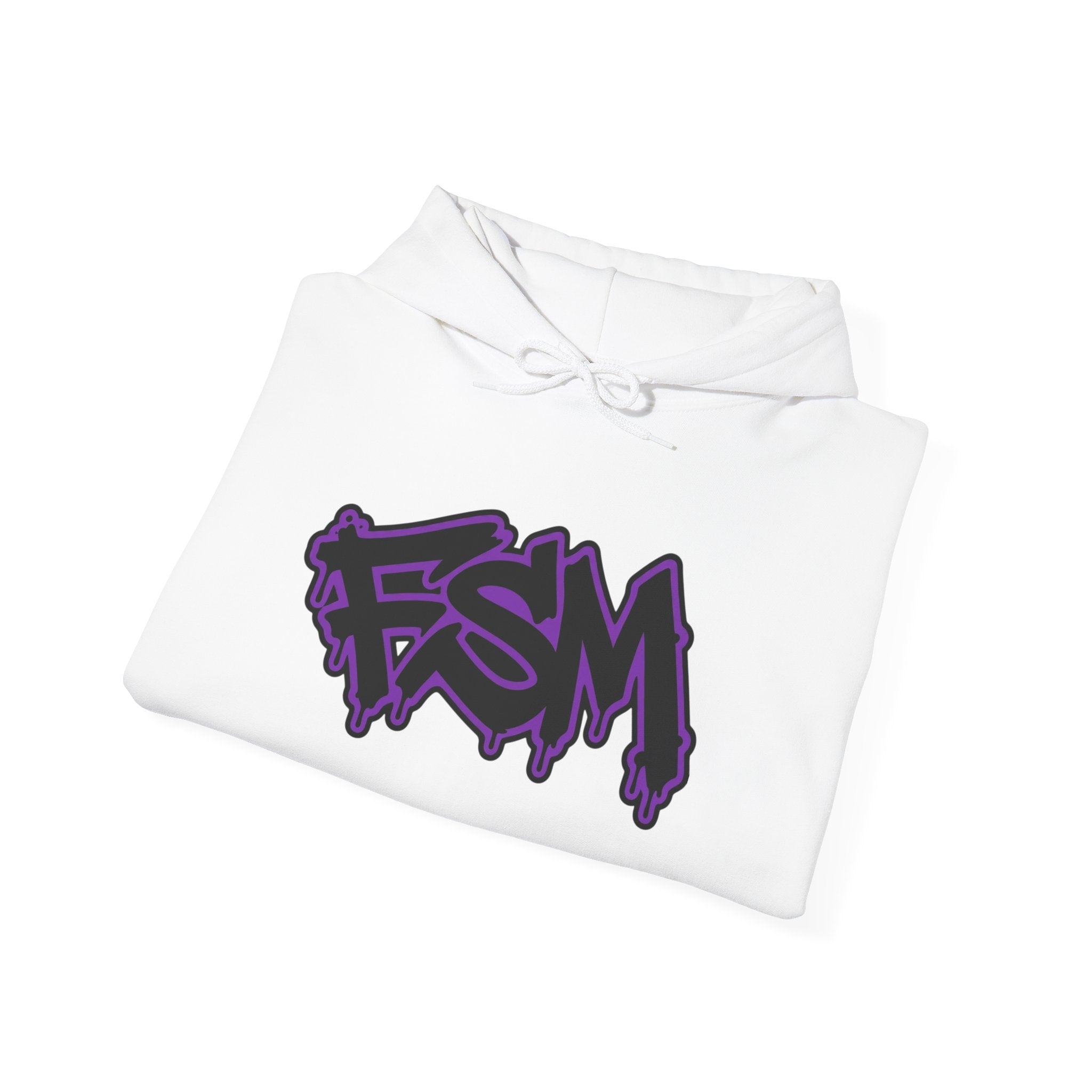 FSM Graffiti Hoodie — White Pullover with Purple Street Art Logo