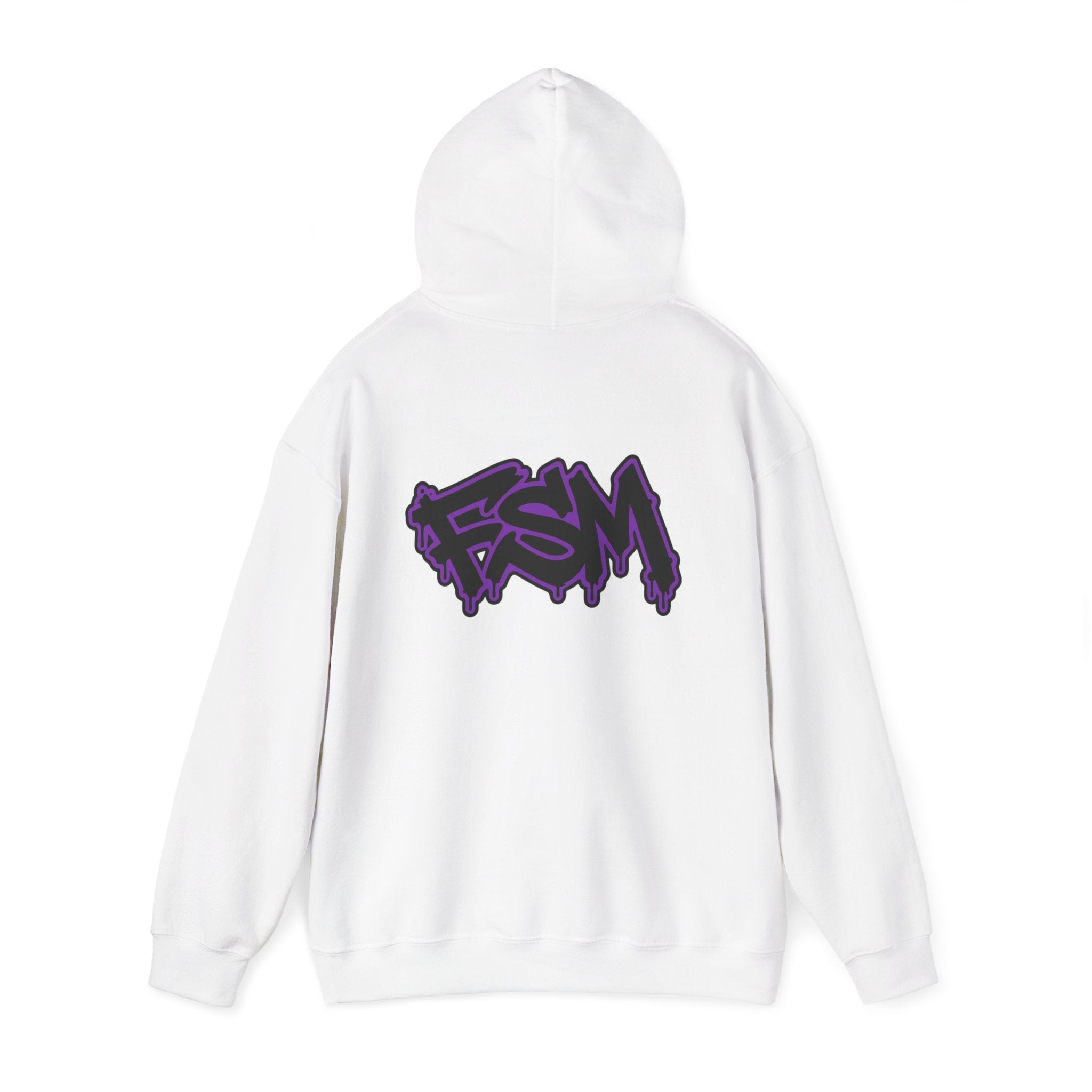 FSM Graffiti Hoodie — White Pullover with Purple Street Art Logo
